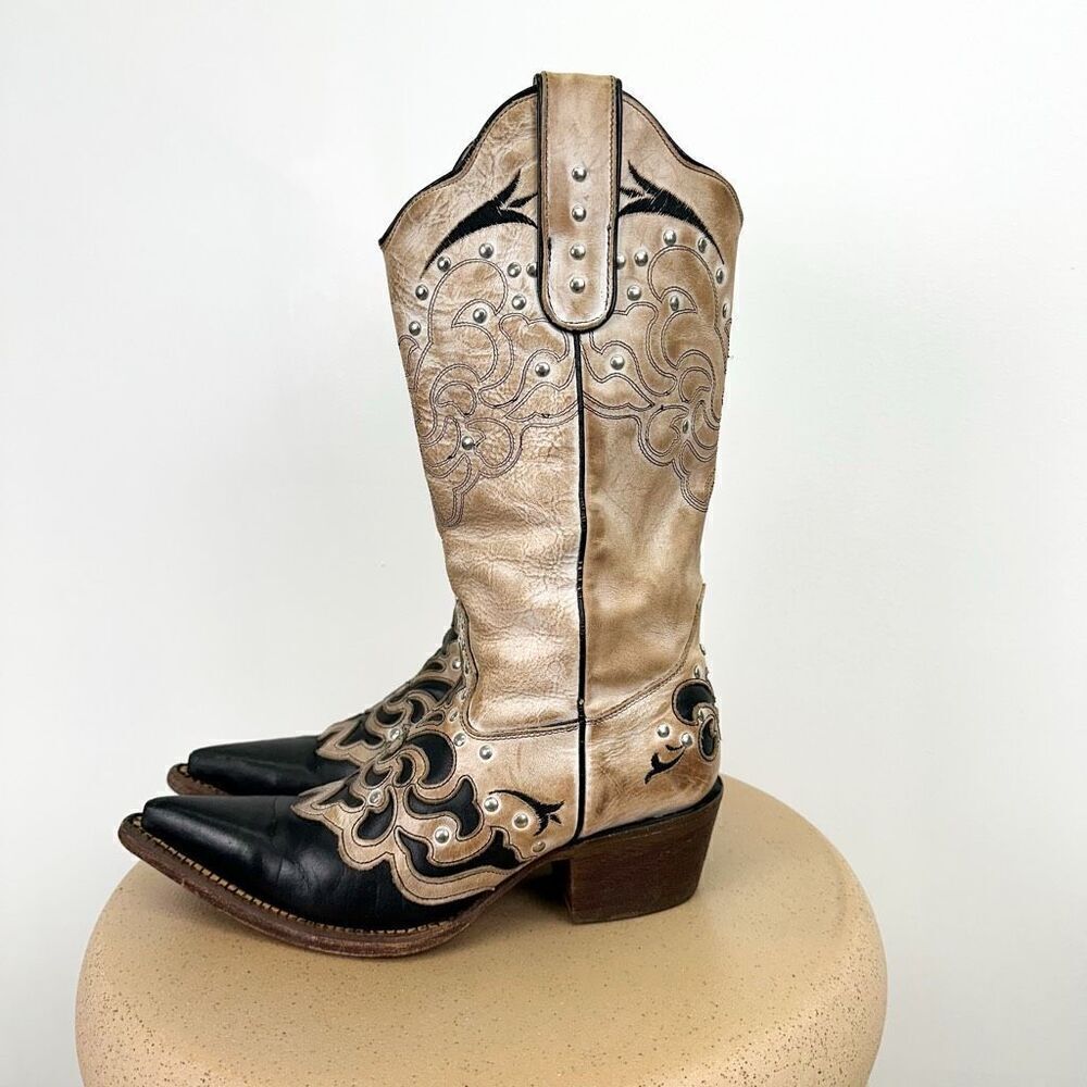 JB Dillon Women’s Two Tone Leather Studded Cowgirl Point Toe Boot
